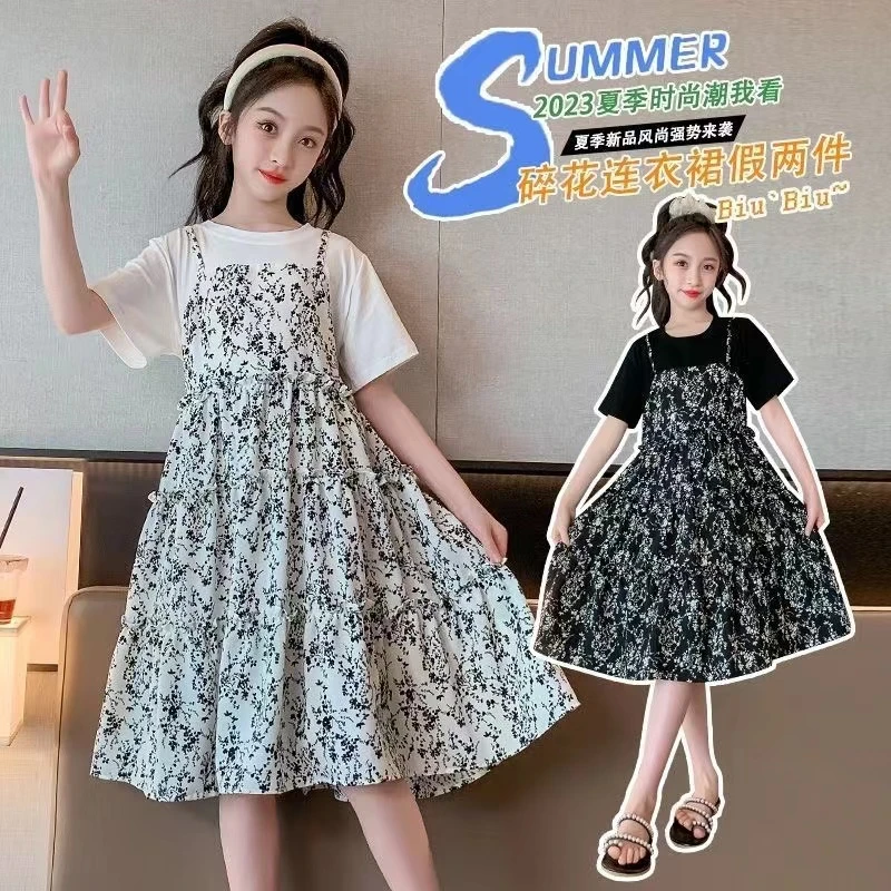 【假两件拼接105斤】 韩版女童夏季连衣裙新款碎花公主连衣裙中大童