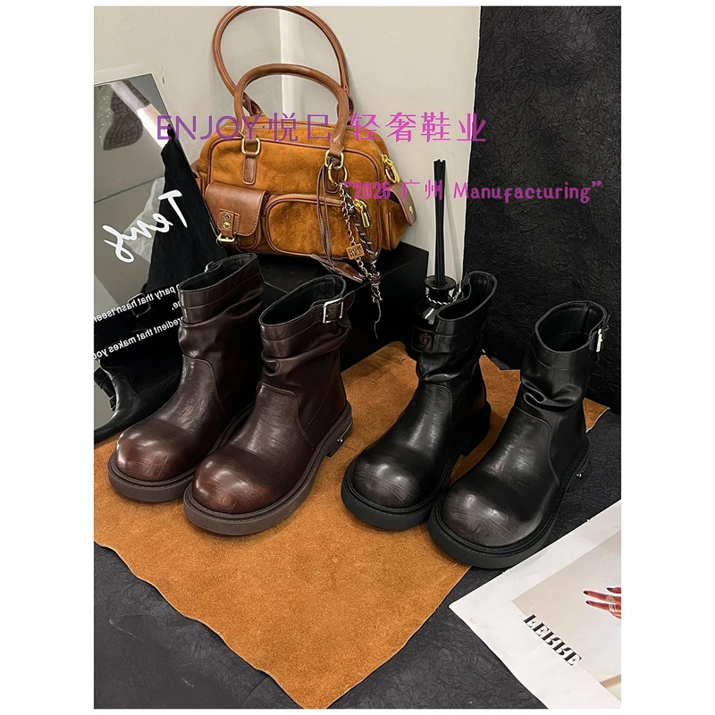 【专属】ENJOY 悦己~粗跟小短靴女2025秋冬新款圆头褶皱堆堆靴INS
