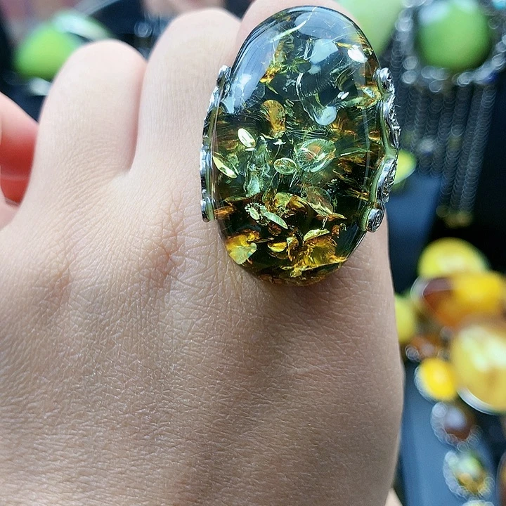 琥珀裸石银S925镶嵌戒指