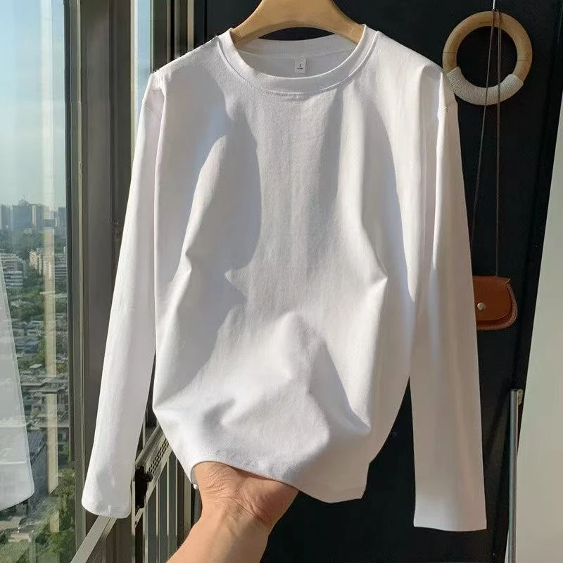 重磅新疆长绒棉纯色打底长袖圆领T恤男女同款休闲百搭显瘦-长袖
