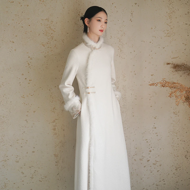 初蝉中国风旗袍羊毛女秋冬长款气质澳毛新中式大衣外套1020-N