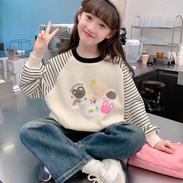 女童春装卫衣2025新款圆领卡通插肩袖宽松上衣中大童女孩甜美卫衣