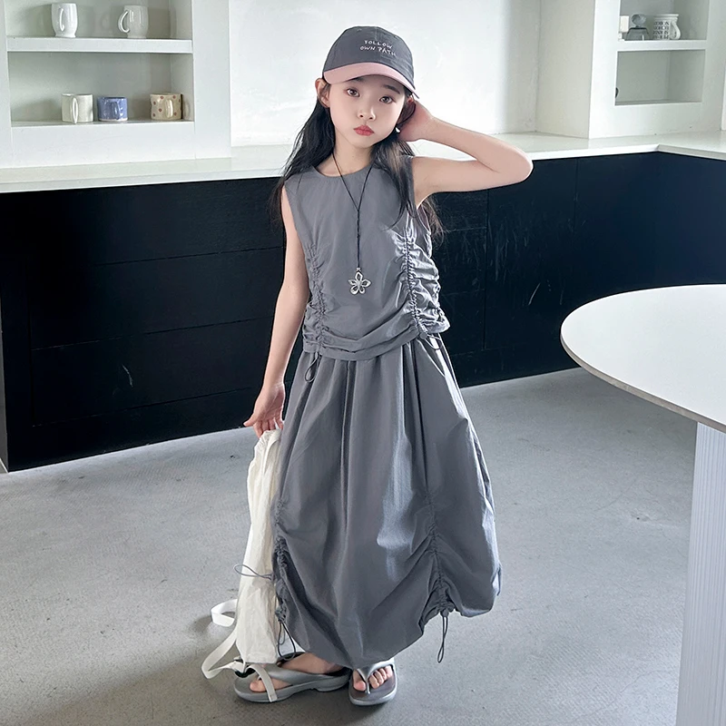 女童韩版夏款套装2025甜辣风女孩时髦休闲无袖收腰连衣裙套装