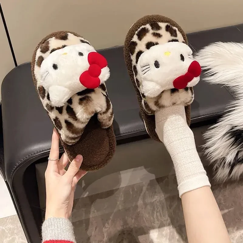 豹纹hellokitty棉拖鞋女款室内居家用厚底防滑保暖加绒毛拖鞋冬季