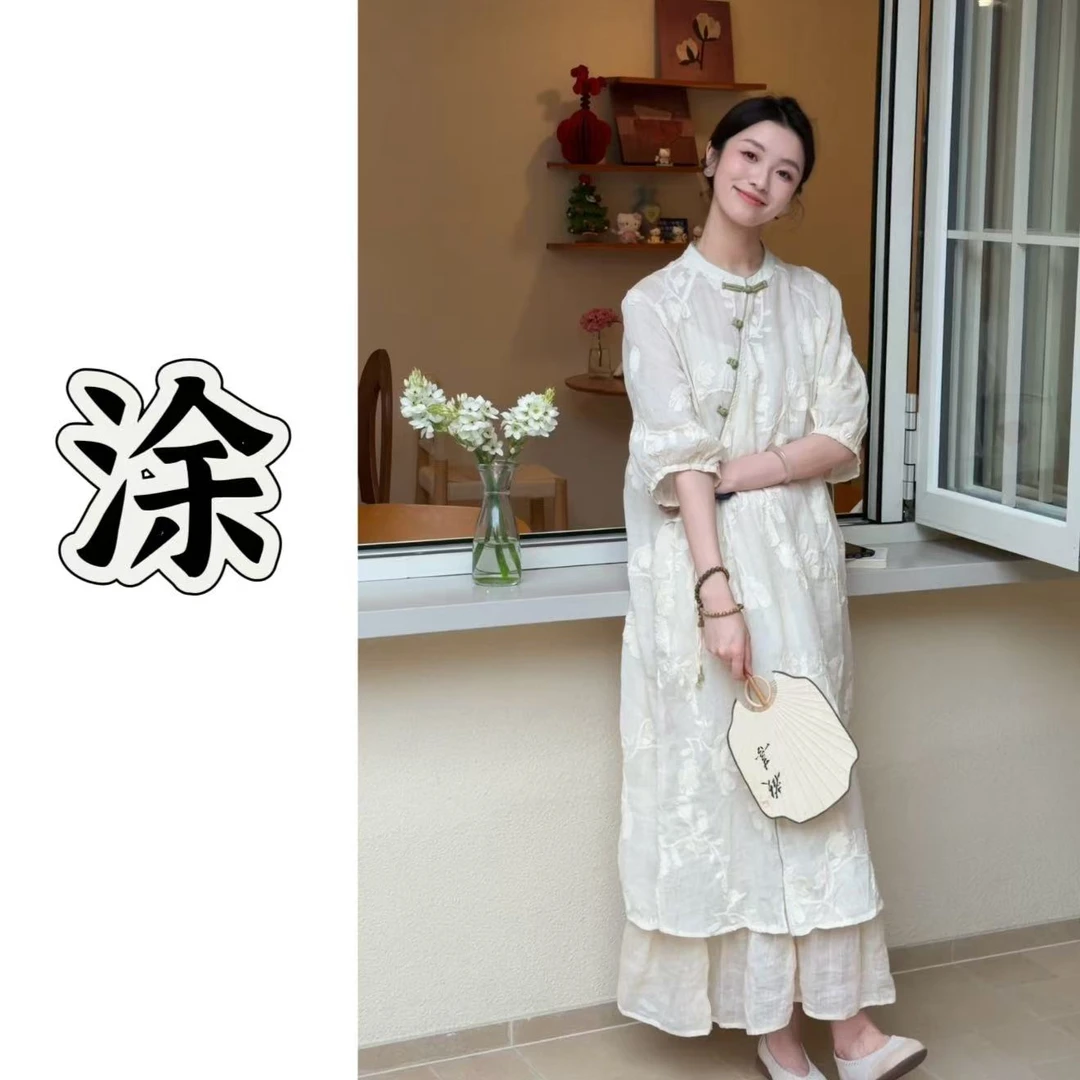 【扶摇刺绣连衣裙】夏季重工立体刺绣斜襟盘扣国风连衣裙 52428