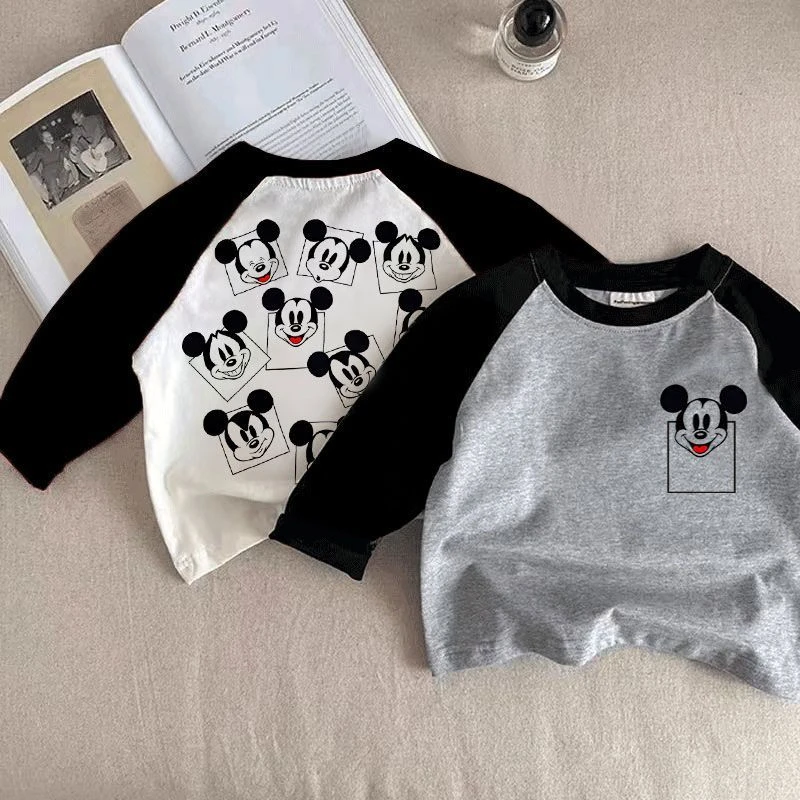 春秋拼色插肩男童上衣童装秋季长袖潮童款动漫纯棉T恤女童打底衫