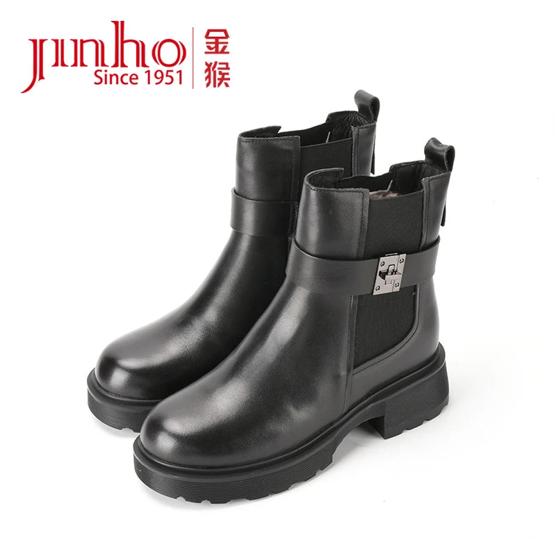 Jinho/金猴百搭防水中跟圆头黑色短靴冬季女士烟筒靴套脚4502622A