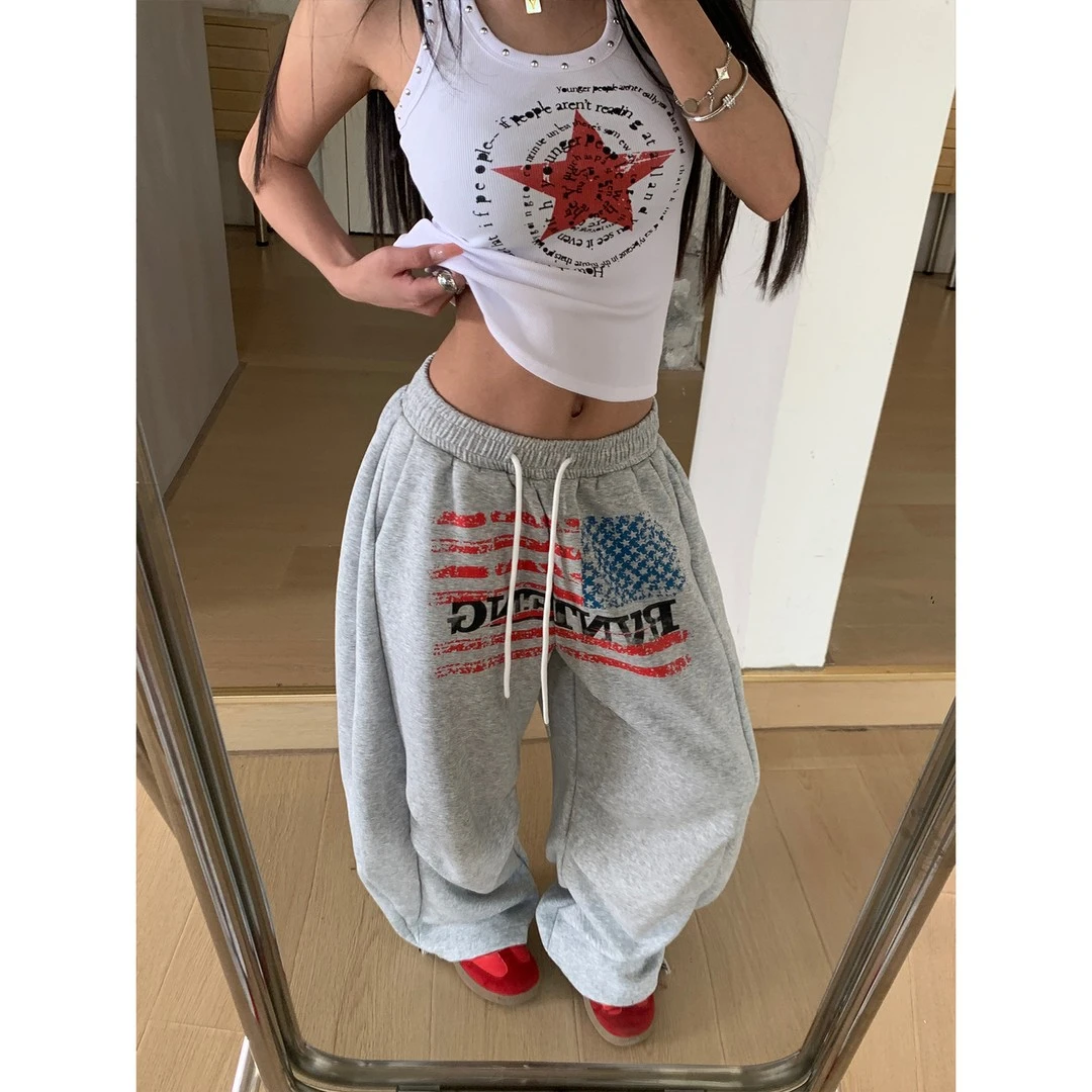 美式复古字母印花2025新款运动卫裤女慵懒风阔腿休闲长裤女款裤子