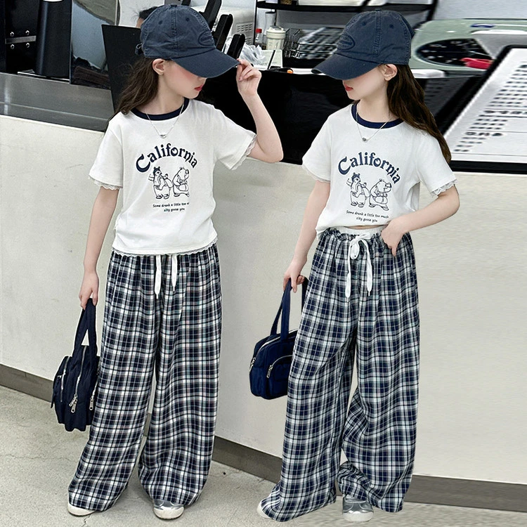 小熊格子裤花边儿童休闲夏季阔腿套装