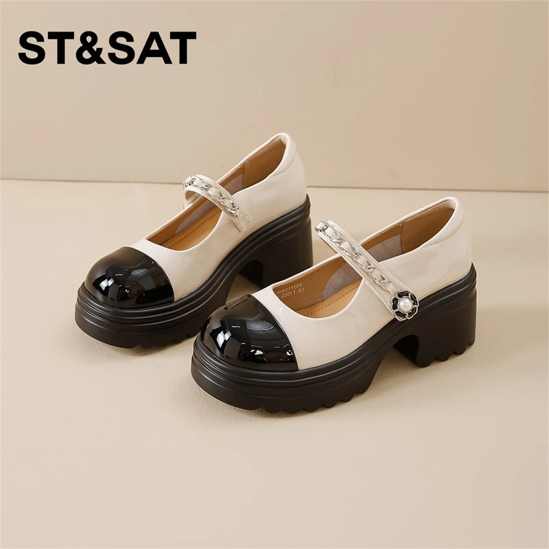 星期六学院风玛丽珍女鞋厚底2025夏季新款拼色增高一字带浅口单鞋