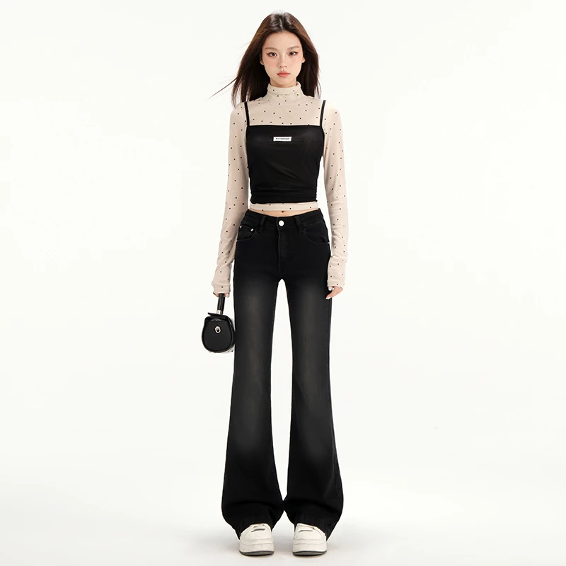 华利尔斯美式复古水洗磨白黑色弹力微喇牛仔裤女