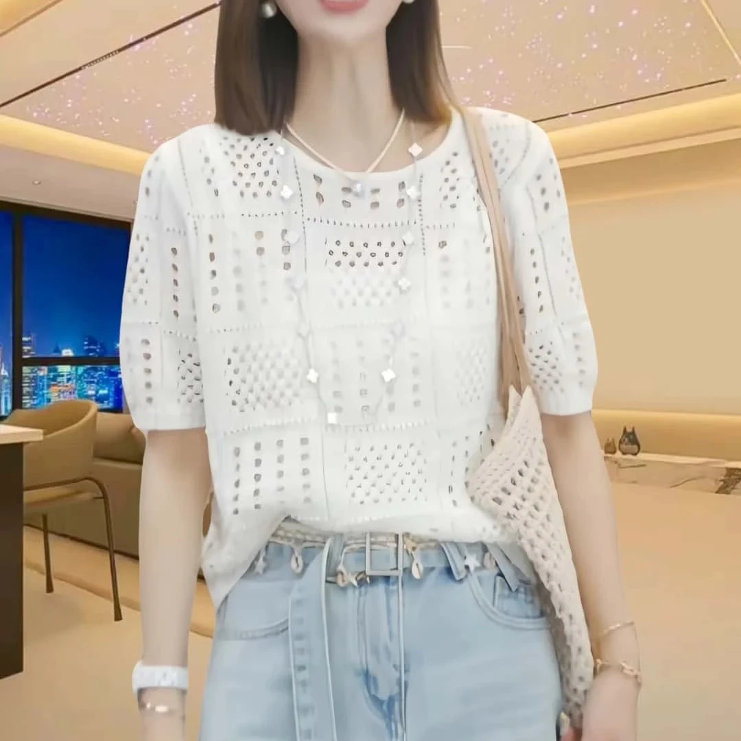 大码夏季新款宽松显瘦镂空针织衫女2025简约休闲时尚设计感上衣潮