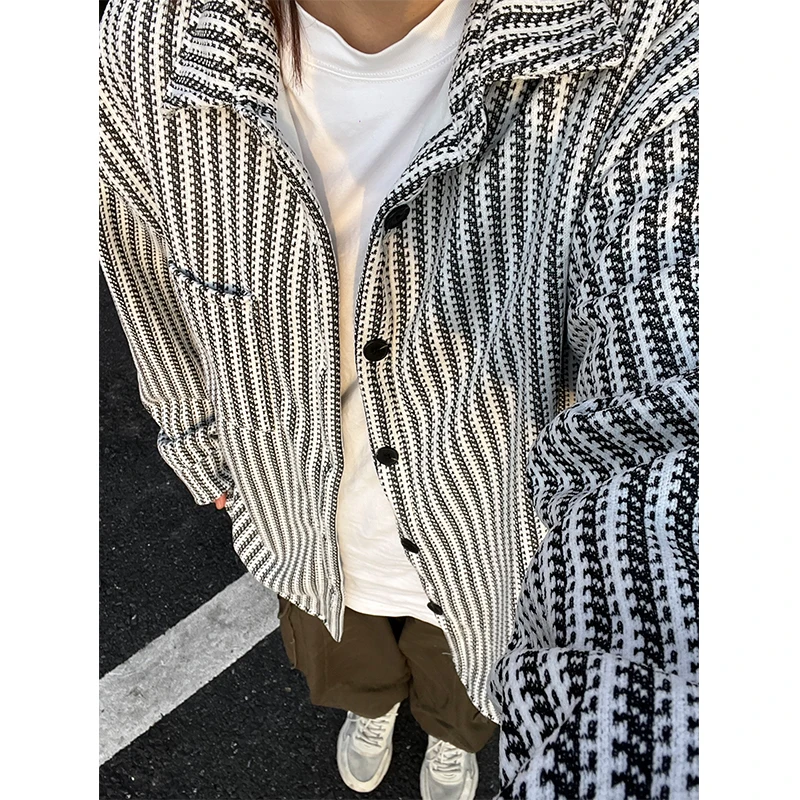 小香风鱼骨纹加绒衬衫男秋冬高级感美式条纹衬衣外套潮牌厚款上衣