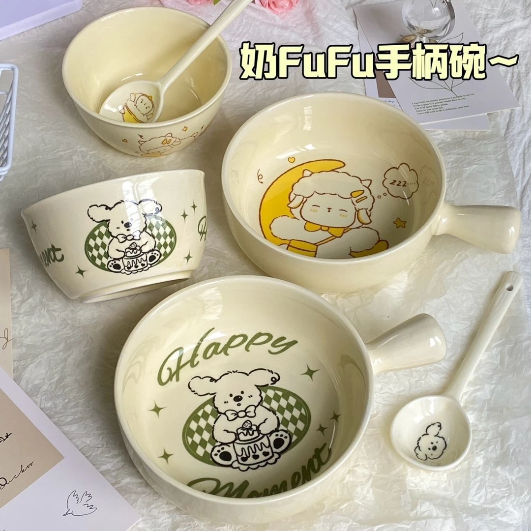 釉下彩ins奶油风可爱小狗陶瓷手柄碗餐具手把饭碗宿舍学生