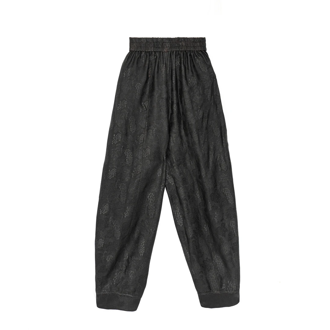 【鹿楠】新中式国风蚕丝提花休闲百搭黑色休闲阔腿裤女C525020