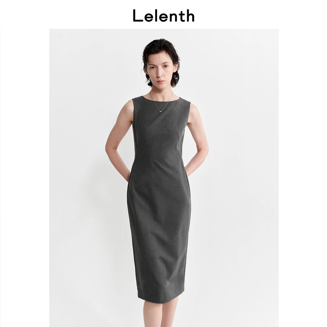 Lelenth复古烟灰·气质通勤连衣裙女收腰显瘦瑞秋裙无袖微包臀裙