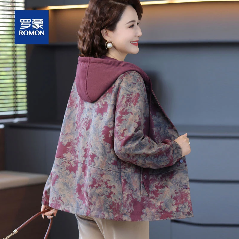 罗蒙小个子妈妈秋装外套休闲连帽夹克新款中老年女装春秋国风上衣