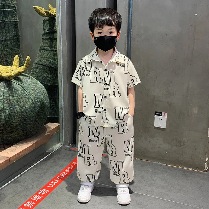 男童夏季帅气字母短袖衬衫套装宝宝夏装两件套中小童炸街雪纺套装