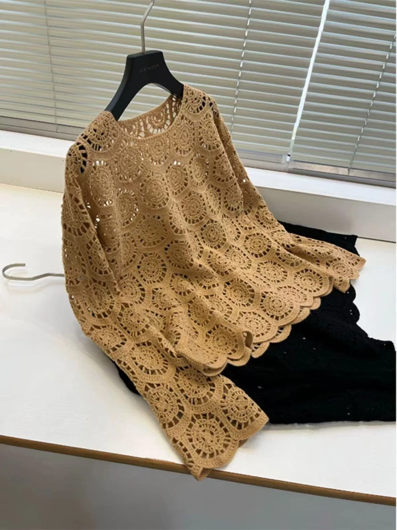 纯色提花镂空蕾丝2025春季韩版新款圆领长袖宽松正肩洋气上衣9475