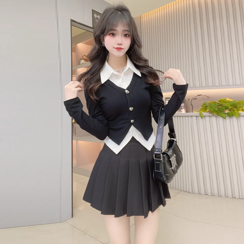 学院风假两件衬衫女秋季长袖收腰衬衣春季小个子撞色百搭拼接小衫