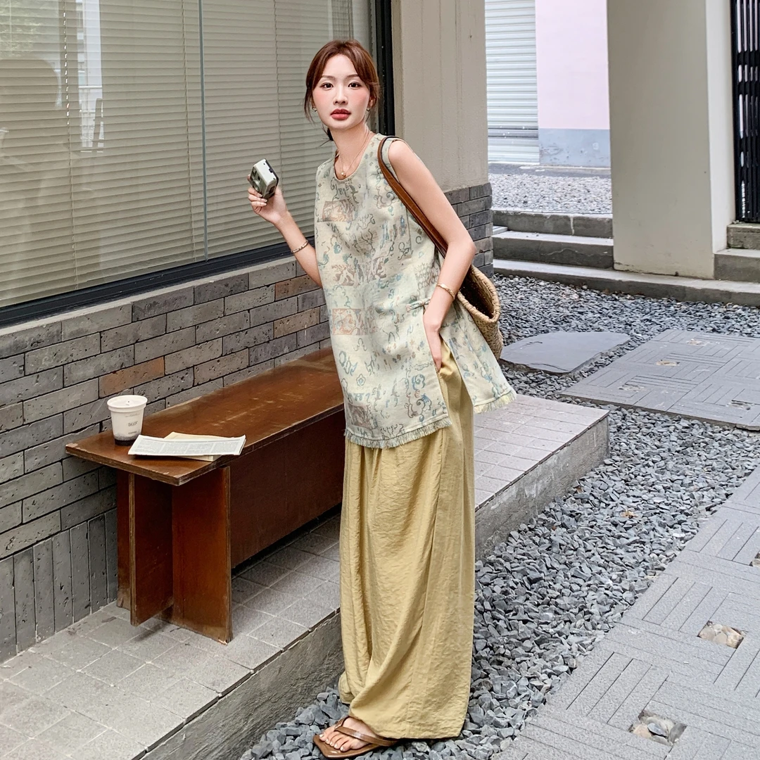新中式国风套装女2025夏季新款气质流苏提花马甲背心阔腿裤两件套