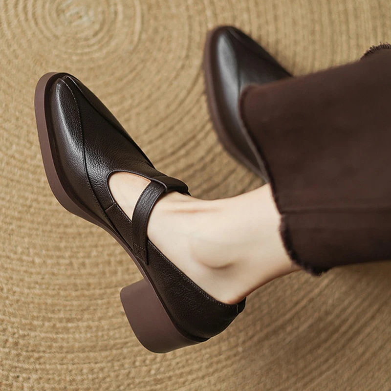 羊皮5cm轻奢小众百搭鞋子丁字扣带中跟粗跟深口乐福鞋新款单鞋女