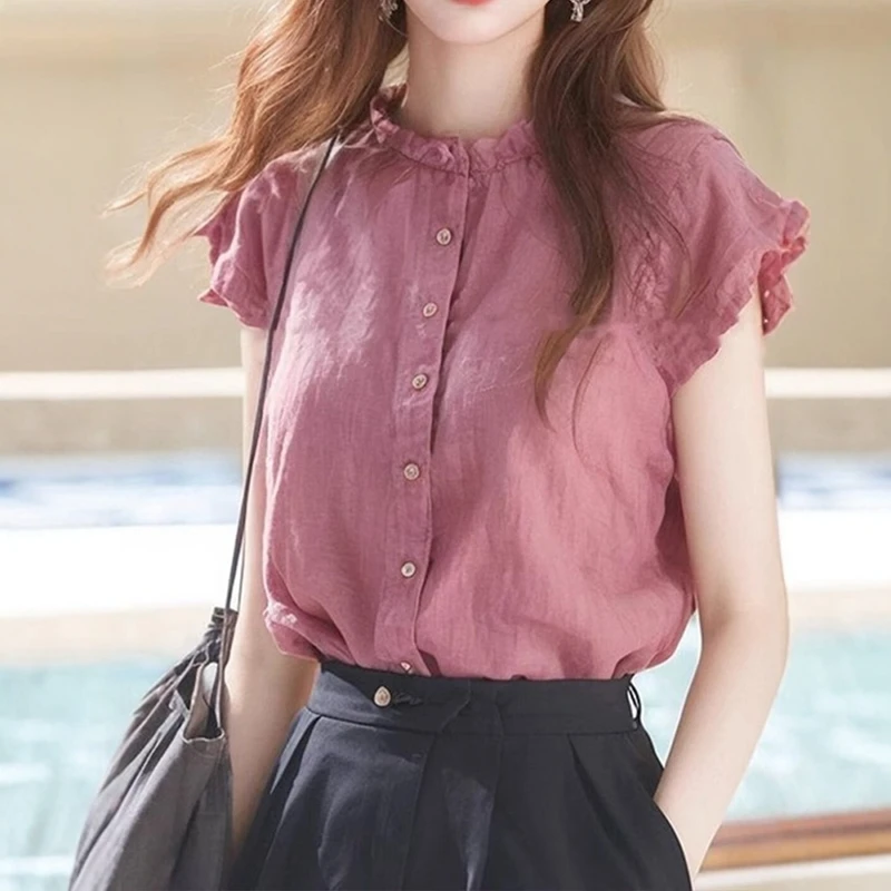 木耳边立领小飞袖衬衫女设计感小众2025夏独特别致漂亮上衣
