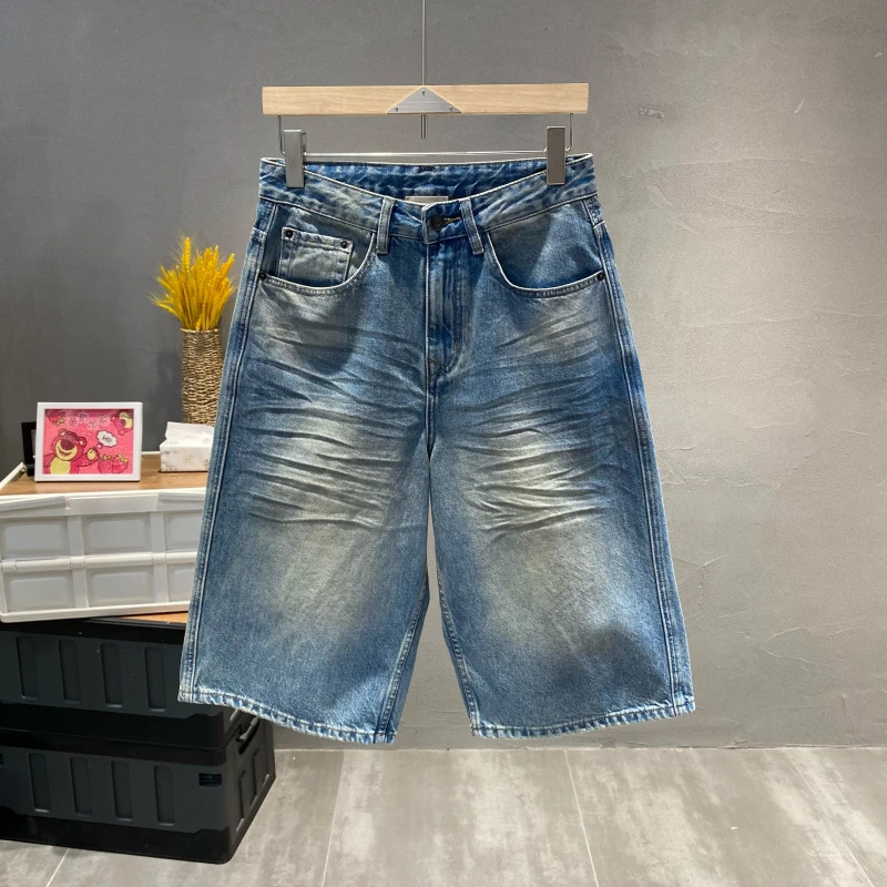 韩版复古做旧直筒设计感宽松牛仔短裤男士潮牌休闲高街七分裤夏季
