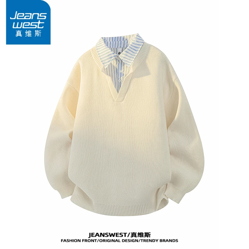 真维斯日系慵懒风假两件青年男女同款针织毛衣秋冬季潮流休闲上衣