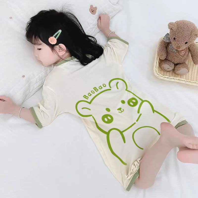 女童男童连体睡衣夏季短袖小女孩睡裙宝宝儿童防踢被空调家居服夏