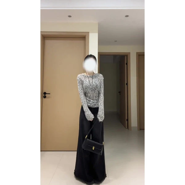 （现货）后背绑带镂空针织衫女法式慵懒风长袖短款上衣长裤套装