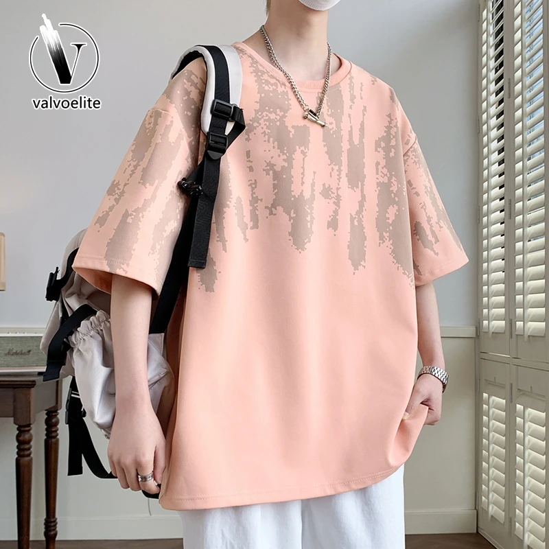 VALVOELITE粉色短袖t恤男2025夏季设计感青少年印花半袖百搭体恤