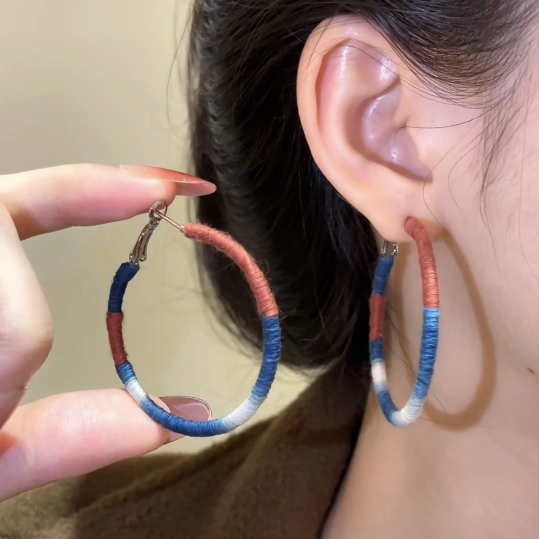 合金布艺耳饰 手工编织棉线耳圈小众几何圆圈耳环复古简约撞色爆