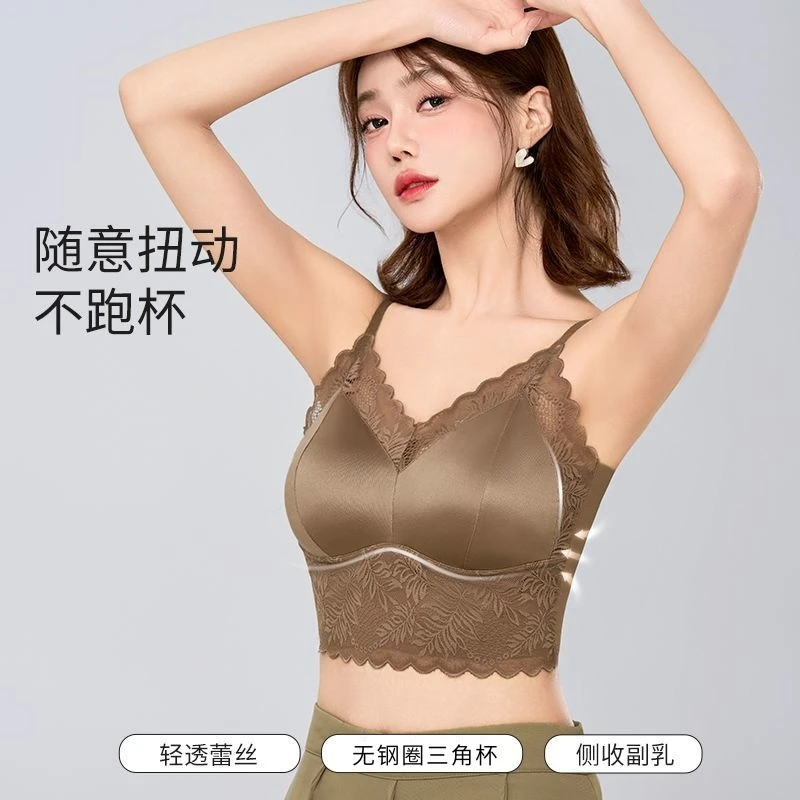 纯欲性感蕾丝缎面吊带背心夏季薄款透气无痕大码自带胸垫美背内衣