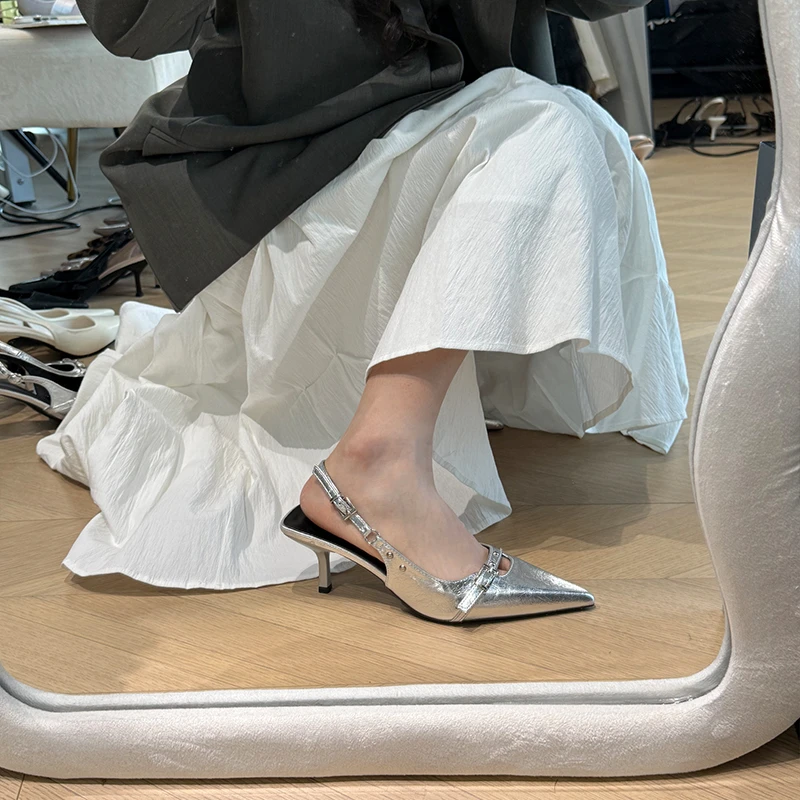 2025夏季新款百搭时尚绝美气质尖头单鞋高跟鞋一字带法式凉鞋