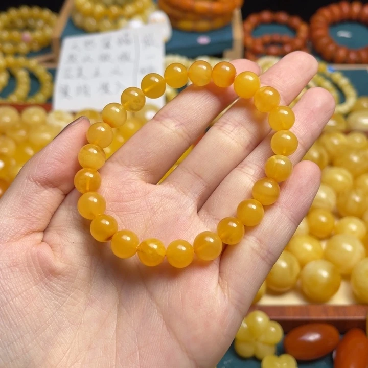手串蜜蜡未镶嵌104-金绞蜜鸡油黄圆珠手串天然蜜蜡微瑕
