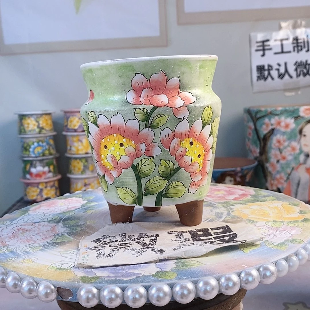 紫砂花盆红陶手绘花盆