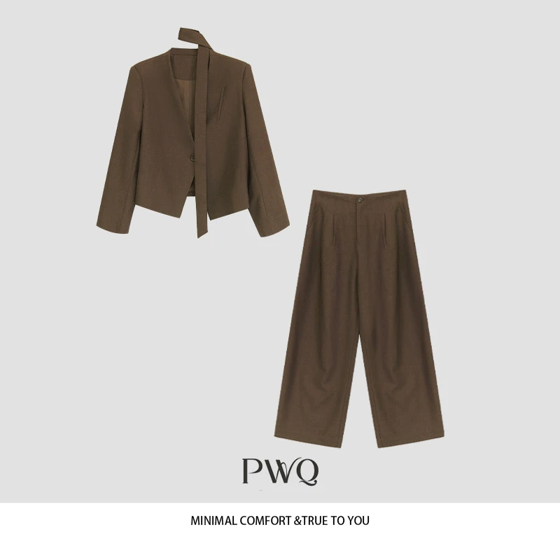 【秋日通勤】套装无领一粒扣外套飘带压褶休闲阔腿裤DSY-257108-XQ