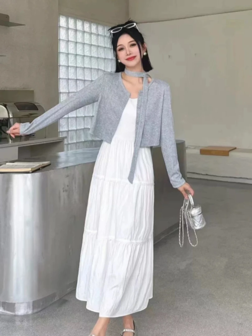 温柔风针织开衫披肩白色吊带连衣裙茶系穿搭套装#5356