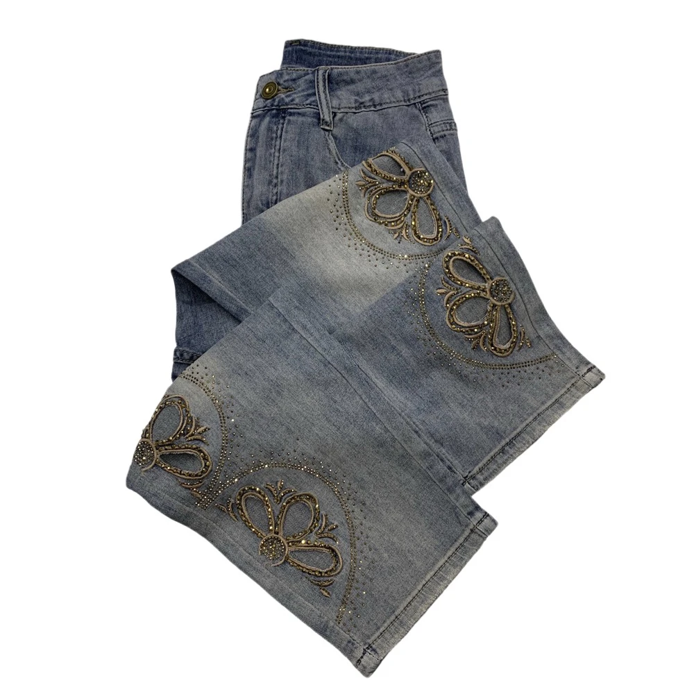 S5203夏季重工烫钻刺绣镂空九分牛仔垮裤（无腰带）