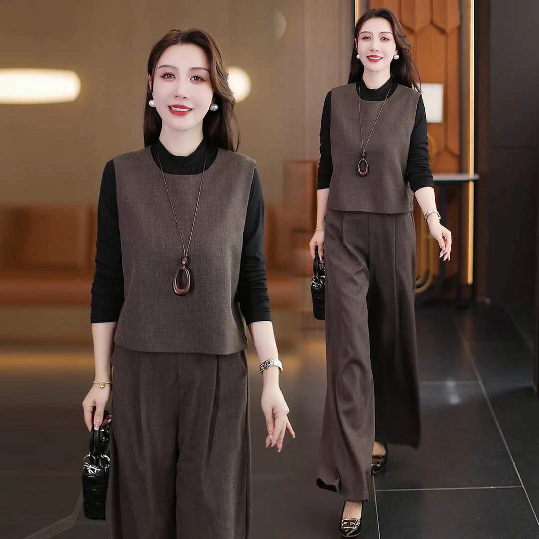 时尚套装女2025秋季新款时髦洋气宽松马甲打底衫阔腿裤显瘦三件套