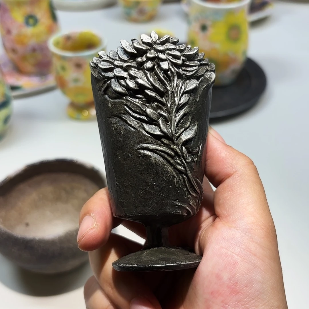 瓷锡器高脚杯 手工立体雕刻
