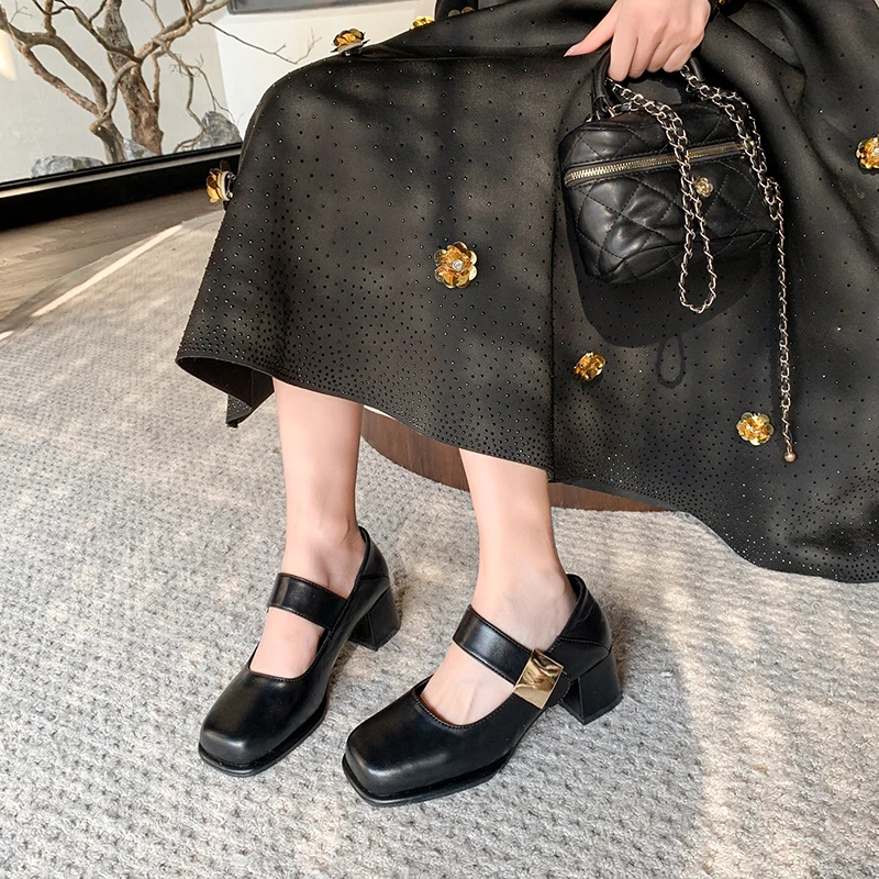 复古方头浅口单鞋女中跟春秋气质法式仙女粗高跟玛丽珍工作通勤鞋