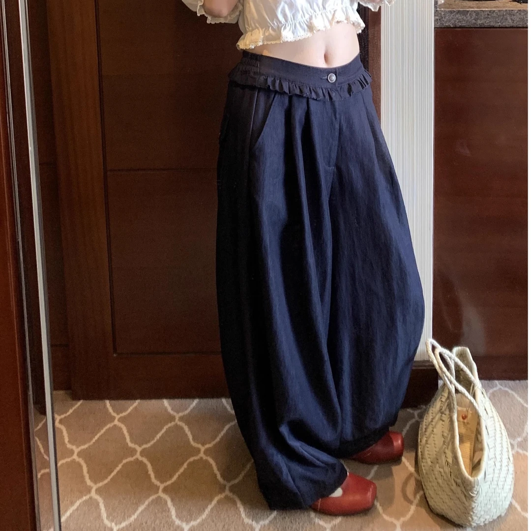 高端货~超凉快夏季花边仿牛仔色灯笼裤女松紧腰宽松阔腿长裤子