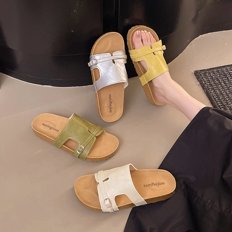 韩版小众皮带扣方头露趾一字拖鞋女休闲舒适镂空明星同款百搭鞋子