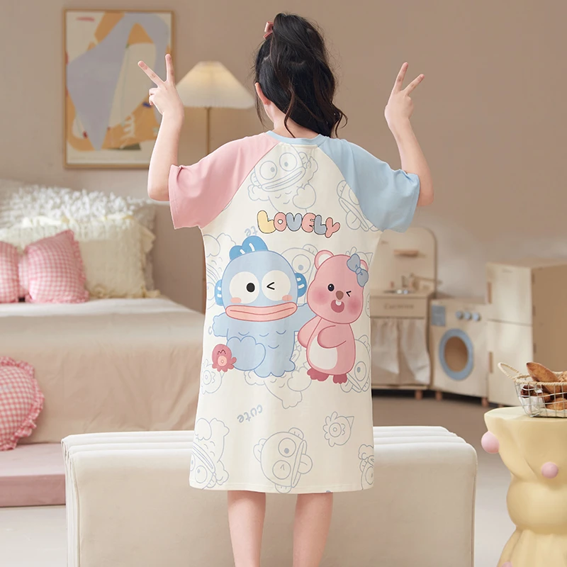 YUZHAOLIN/俞兆林短袖撞色款女童中大童甜美公主风纯棉睡裙家居裙