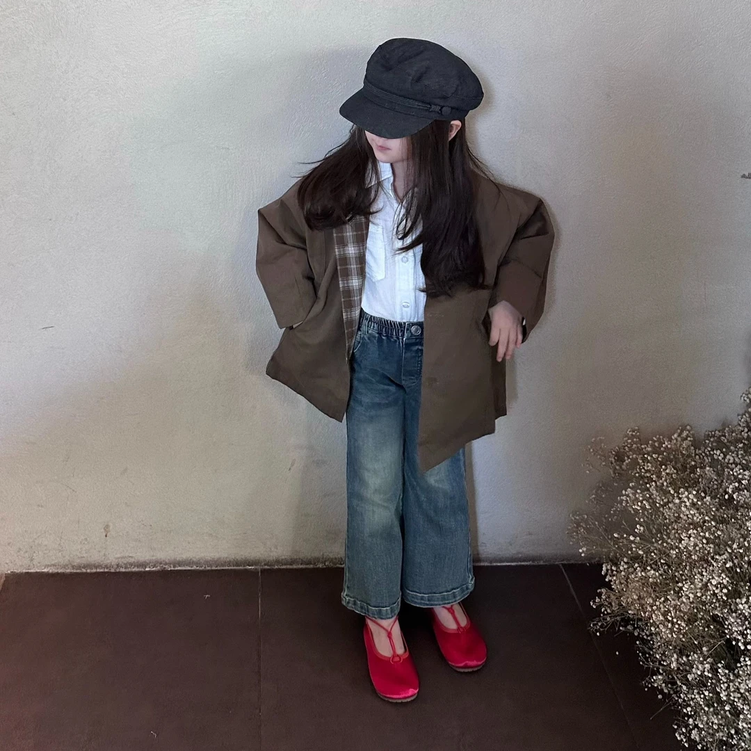 韩版童装女童风衣外套2025秋新款儿童百搭洋气灰色上衣牛仔裤套装