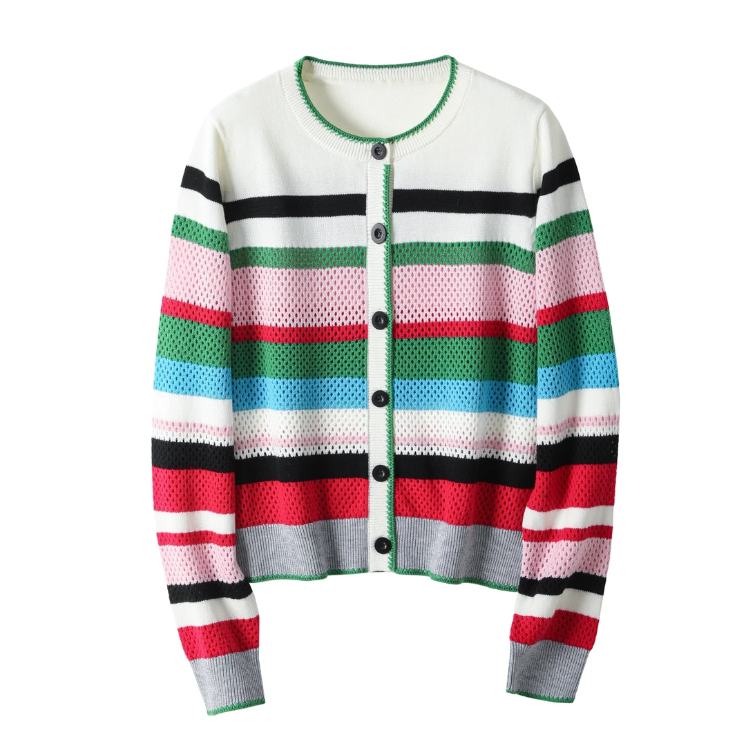 上衣彩虹条纹短款镂空圆领撞色女装毛针织衫女百搭春季毛衣