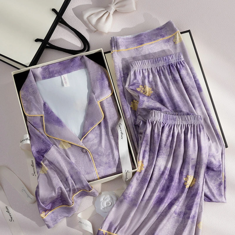 【紫韵金蝶】2025年夏季舒适睡衣女士套装可外穿家居服七分袖三件套