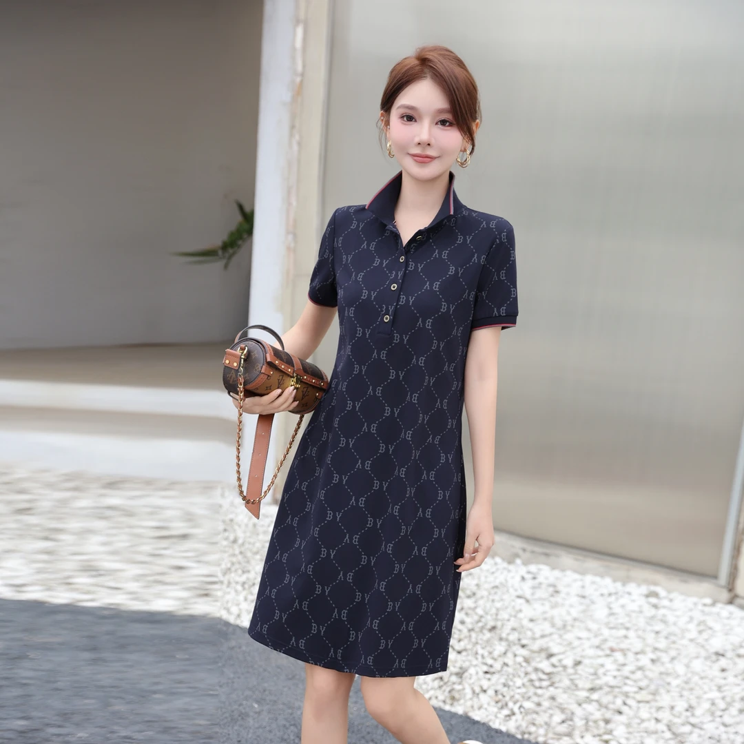 夏季新款时尚裙子修身薄款休闲百搭字母短袖翻领POLO衫女士连衣裙